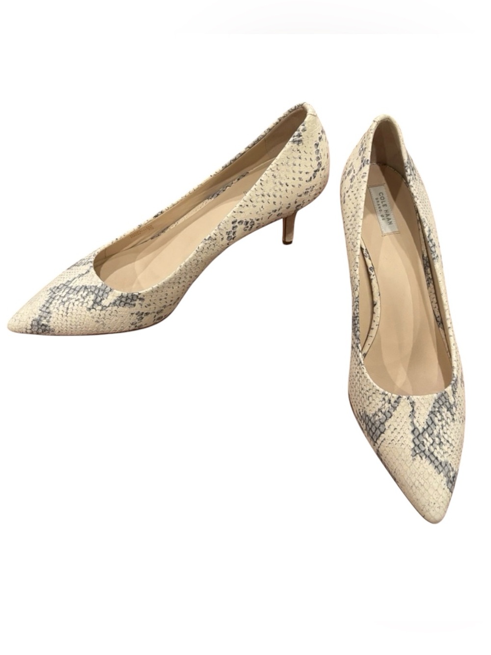 Cole Haan Women's Leather Snakeskin Pointed Toe Heels -Cream and Gray, 8.5